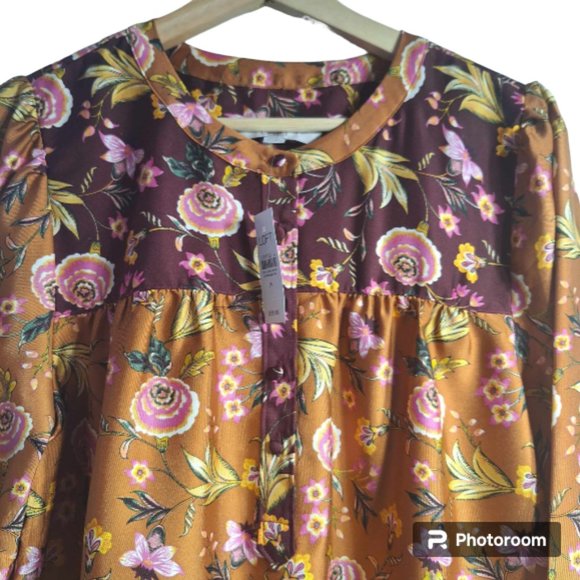 Loft Mixed Print Floral Henley Blouse Size Medium - Picture 6 of 13